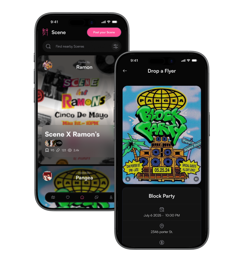 Scene app home feed and party detail screens