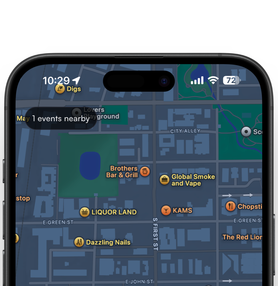 Scene map screen showing events nearby